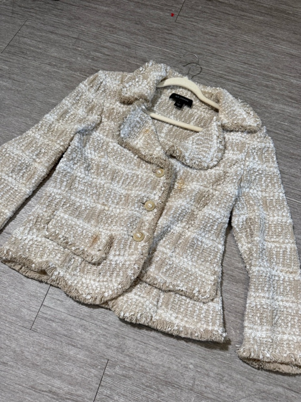 St John Tweed Jacket Neutral Cream Boucle Blazer Chanel Style Pearl Buttons Luxe